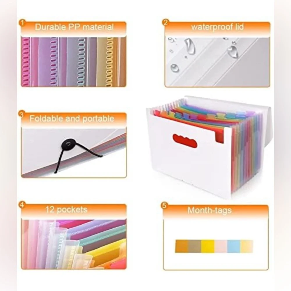 Portable Expanding 12-Pocket White Accordion File Folder Document Organizer NWT